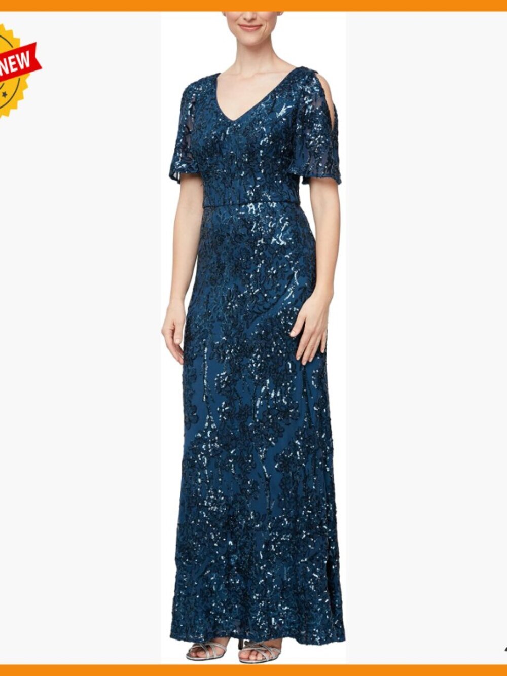 Long Sequin Dress Cold Shoulder Flutter Sleeves Formal Gown Mother Bride
